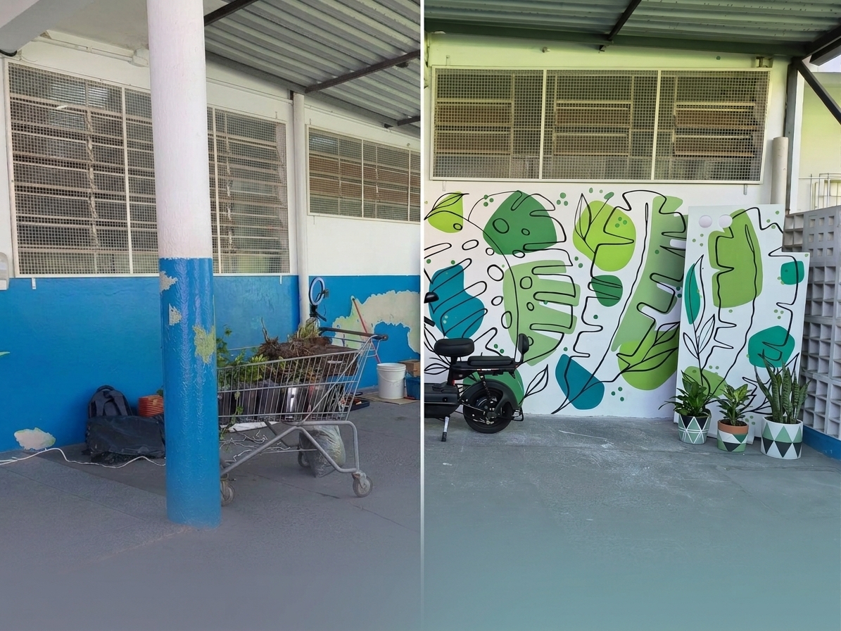 Antes e depois de uma revitalização de espaço escolar